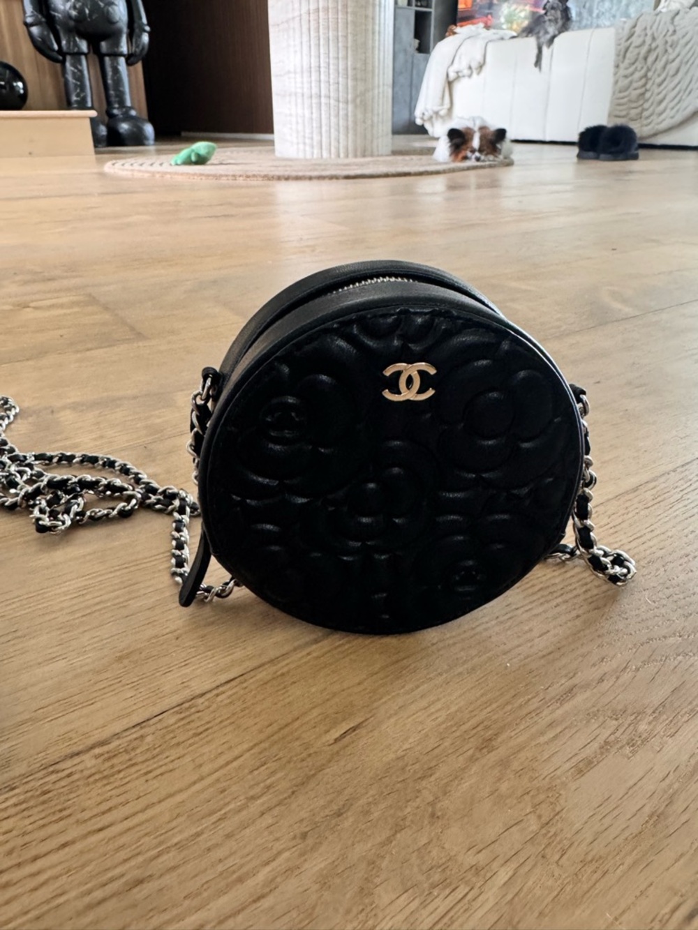 CHANEL Black Quilted Camellia Round Crossbody with Chain Strap